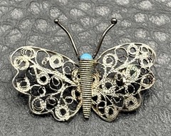 Vintage Sterling Silver Spun Filigree Butterfly Brooch Blue Stone Pin