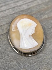 Carved Shell Virgin Mary Cameo Brooch Pin / Pendant 800 Silver Antique 1.25 Inch