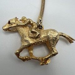 Vintage Edlee Gold Tone Heavy Metal Jockey And Horse Rhinestone Eyes Keychain