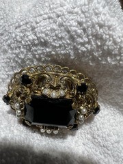 Vintage West Germany Filigree Gold Tone Pearl & Black Rhinestone Brooch Pin