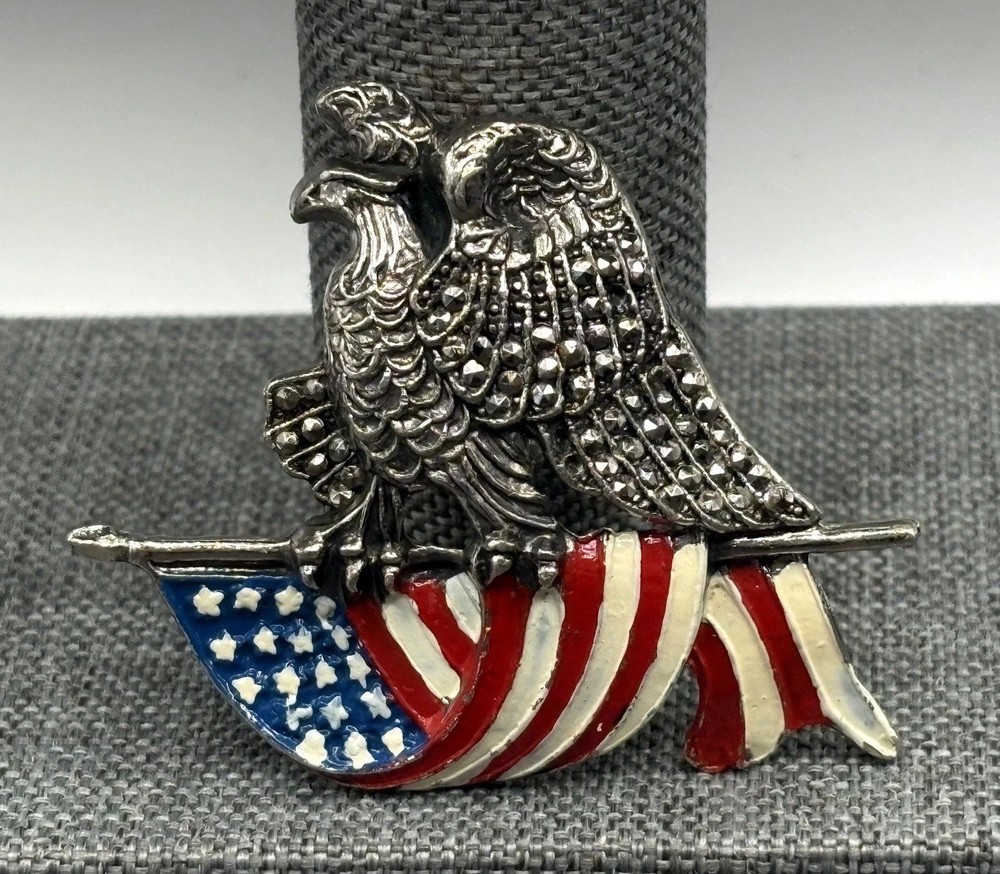 Vintage Pot Metal American Eagle USA Flag Patriotic Enamel Marcasite Pin Brooch