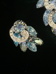 WEISS Blue Aurora Borealis Marquise Rhinestone Brooch Earrings Set Demi-Parure
