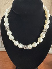 Vintage Unbranded 16 Faux Pearl Necklace with Rhinestone Accents Silver Tone