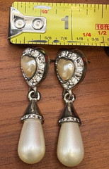 Vintage Carol Lee Clip Heart Dangle Faux Pearl & Rhinestone Earrings Pierced NEW