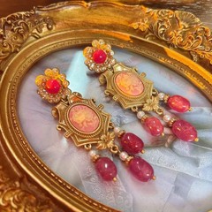 Vintage European Floral Cameo Drop Earrings Gold Plated Rhinestone Pearl Dangle