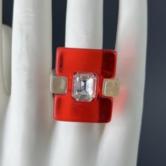 Modernist Lucite Ring Red Clear Rhinestone Size 8 Chunky Post Modern Statement