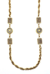 Premier Designs Gold Tone Etruscan Style Greek Key Crystal Necklace 36 in