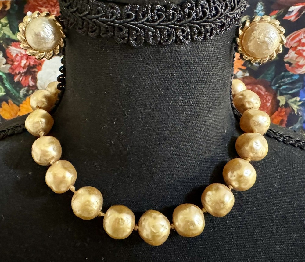 Vintage Marvella Golden Barouqe Faux Pearl Necklace & Earrings Set