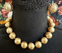 Vintage Marvella Golden Barouqe Faux Pearl Necklace & Earrings Set