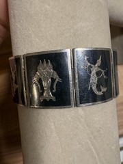 Vintage Thai Siam Niello Sterling Silver Panel 7” Bracelet 9 Panel Dancers 32.7g