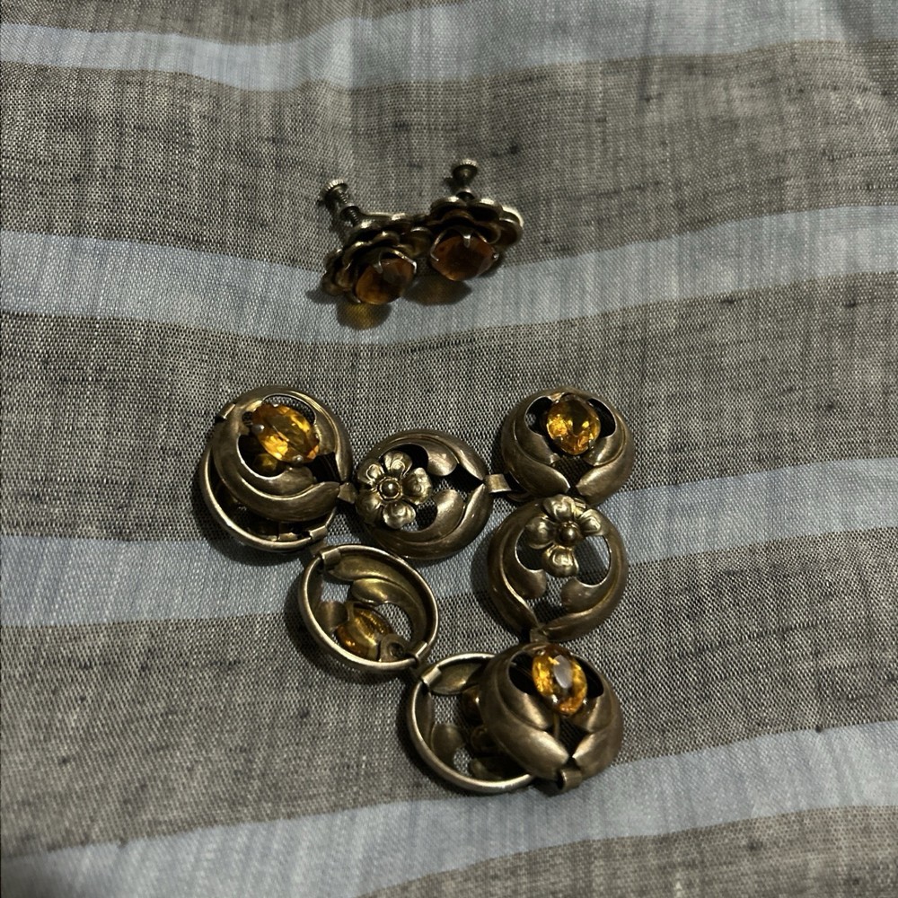 Vintage 1940s Sterling Bracelet And Earring Set Citrine Glass Flower Floral
