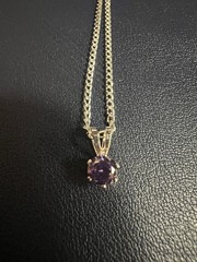 Vtg 18K White Gold Plated Amethyst Solitaire Pendant Chain Necklace 18”