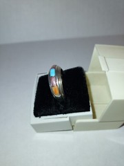 Turquoise & spiny oyster Sterling Wide Inlay BAND Ring Signed I J Navajo Sz 8.5