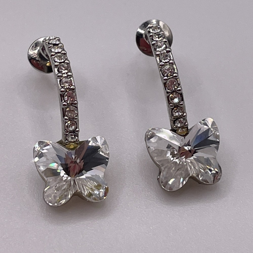 Earrings Butterfly Rhinestone Arch Curve Silver Tone Metal Pierced Jewelry