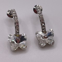 Earrings Butterfly Rhinestone Arch Curve Silver Tone Metal Pierced Jewelry
