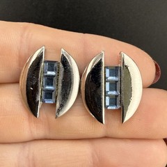 Vintage Cufflink Tiebar Clip Set Silver Tone Blue Rhinestone