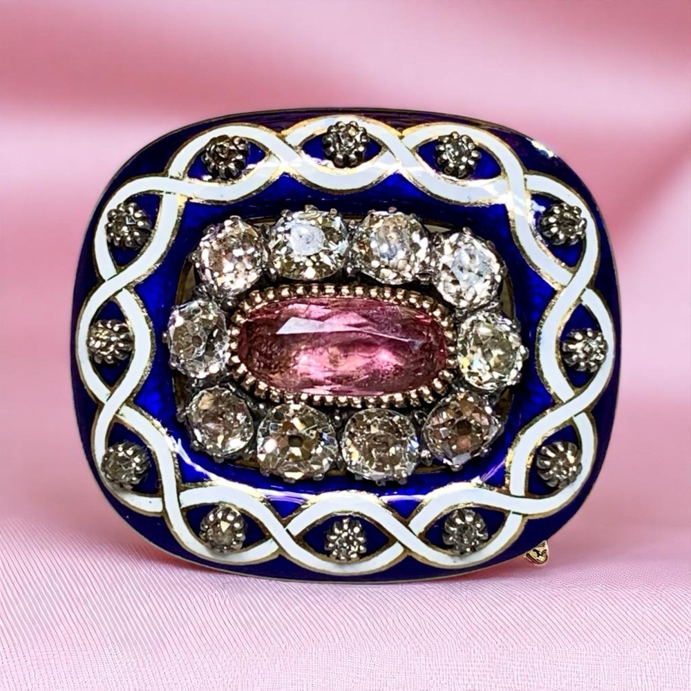 Antique Victorian Cobalt Enamel Old Mine Cut Diamond Tourmaline Brooch