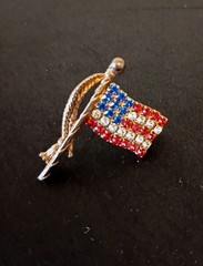 Vintage Red-White-Blue Rhinestone American Flag Pin w/Gold Tassel
