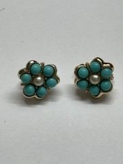 Sarah Coventry Flower Brooch Gold Tone Floral Pin and clip on earrings blue