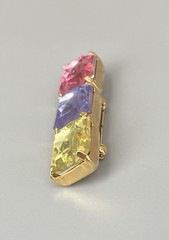 Vintage Gold Tone Metal Pink-Lavender-Yellow Plastic Stones Bar Brooch 2”