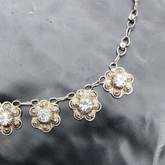 NO CLASP Sterling Silver 925 Filigree Flower Crystal Choker Collar Necklace 15IN
