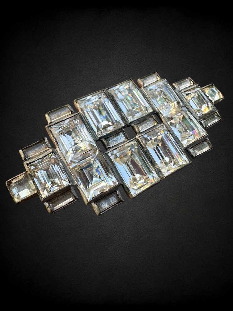 Vintage Emerald Cut Crystal Art Deco Pot Metal Huge Geometric Statement Brooch