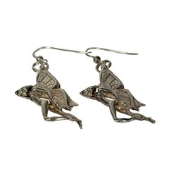 Vintage Art Deco Silver Butterfly Winged Nude Fairy Woman Dangle Earrings