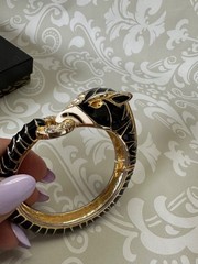 Vintage Jackie Collins Gold Black Enamel Panther Hinged Bracelet Rhinestones