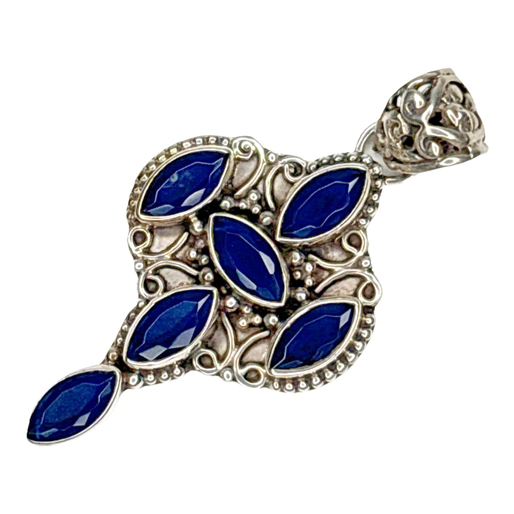 Vintage Style 925 Silver Pendant Blue Marquise Stones Ornate Filigree Design 2″