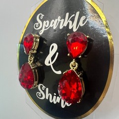 Vintage Red Rhinestone Teardrop Dangle Earrings 1.5″ NOS Gold Drop Post Bold New