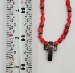 VTG 925 Red Coral Bead 17in Necklace Sterling Silver 15gtw Puffed Open Cross