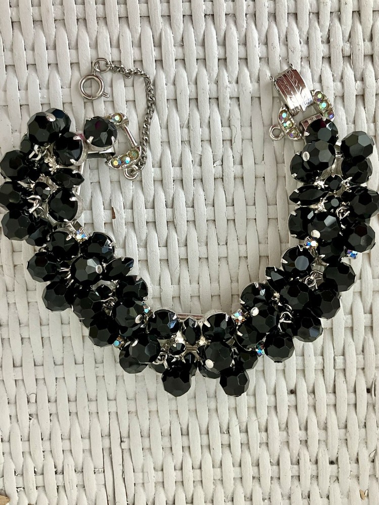 RARE! JULIANA Jet Black Cha Cha Dangle Bead Bracelet AB Rhinestone Clasp! Mint!