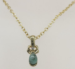 Faux Jade Green Oval Cabochon Gold Tone Pendant Chain Necklace Rhinestone Accent