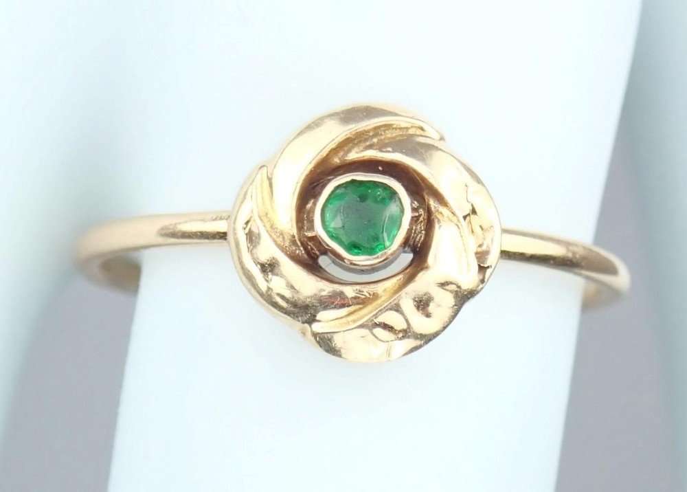 Dainty Antique Edwardian Solid 15k Gold Green Paste Floral Flower Ring – Sz 6.25