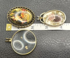 Vintage Lot Of 3 Pendants Gold Tone Floral Cameo Portrait Scene Magnifying Glass