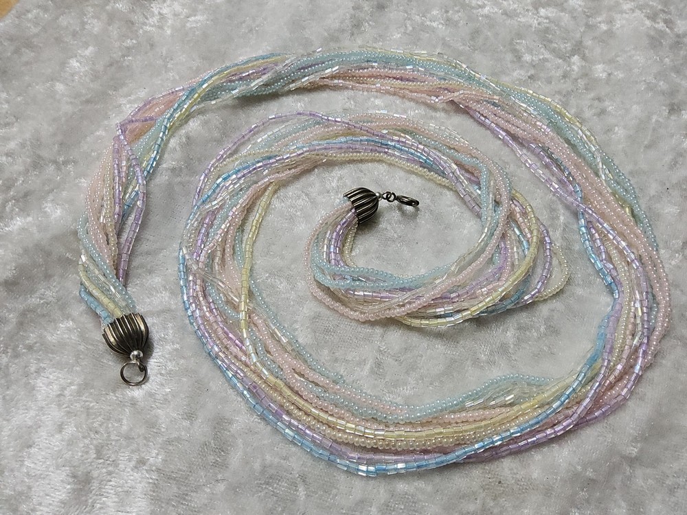 Vintage Long Pastel Pink Blue Green Microbead Multistrand Necklace 26in