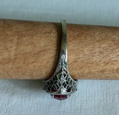 Antique Art Deco 14K ADR White Gold Synthetic Ruby Filigree Marquise Ring Sz 6.5