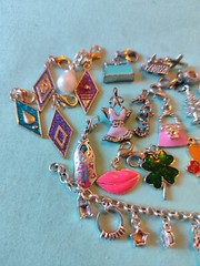 Mixed Enamel Silver Plate Tone Figural Charm Pendant Lot And Bracelet