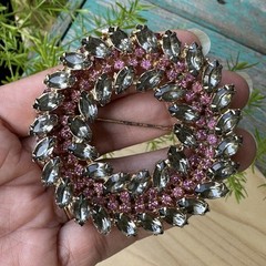 VTG 1950s Wreath Brooch Pin 2.375 Inch Earrings Pink Smoky Navettes Gold Plated