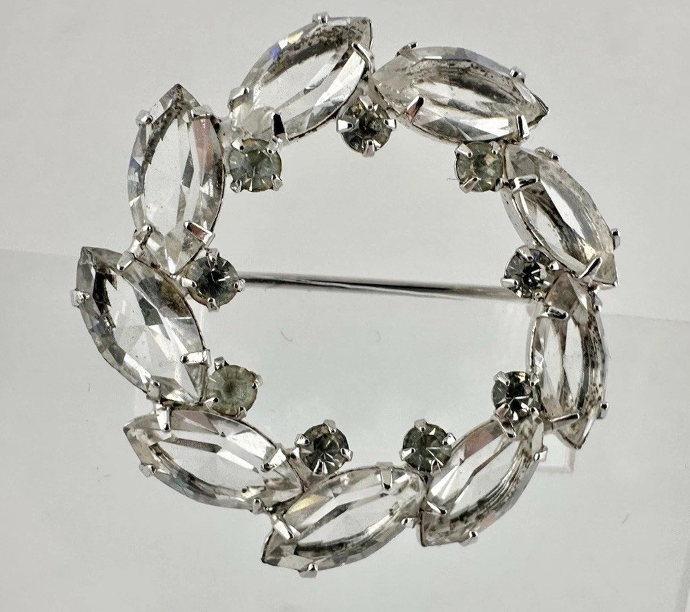 Vintage White Gold Plated Open Back Crystal Brooch Pin Unsigned Estate Sale Read