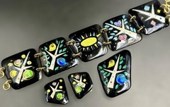 1950s/60s Enamel on Copper 3 Piece Studio Jewelry Set MCM Birds Trees Sunburst