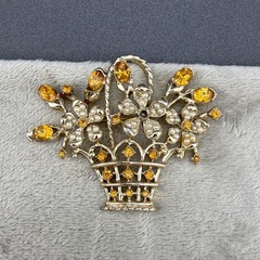 Vintage Rhinestone Brooch Flower Basket Orange Gold Tone READ