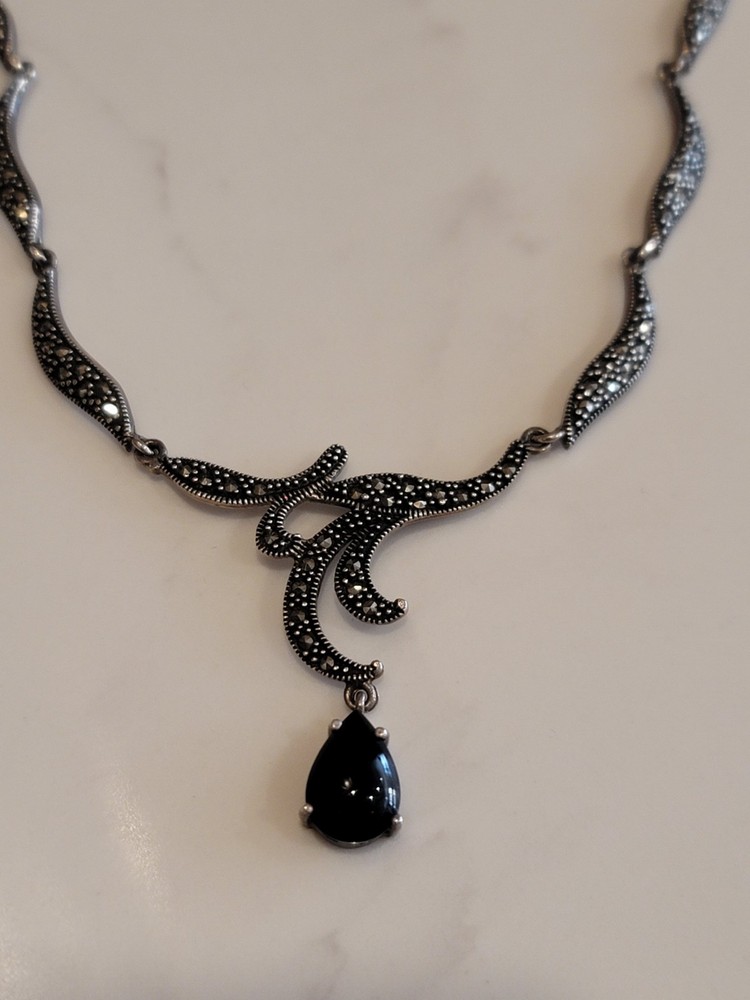 925 Sterling Silver Marcasite Necklace Black Teardrop Pendant Vintage Style 18″