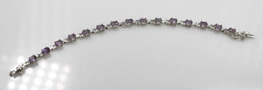 FAS 925 Sterling Silver purple oval cut stones tennis style chain Bracelet 7”