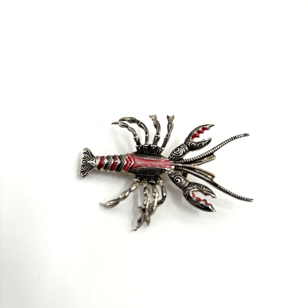 Vintage Spain Lobster Brooch Red Enamel Silver Tone Figural Crayfish Pin