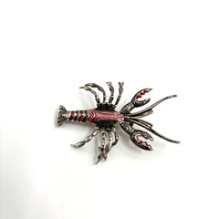 Vintage Spain Lobster Brooch Red Enamel Silver Tone Figural Crayfish Pin