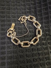 Vintage Monet Silver Tone Link Bracelet Fold Over Clasp Safety Chain 7.5″ Chunky