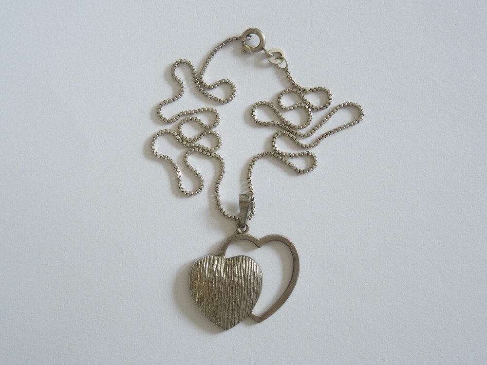 Short 925 FBM Silver Necklace & 835 Silver Pendant Two Hearts 5.9 g/Length 39 cm