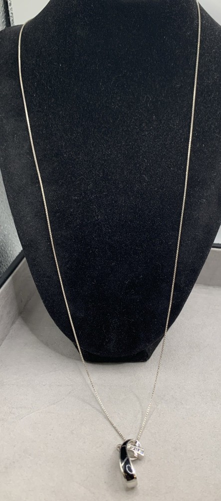 Vintage JH Sterling Silver Onyx Inlay & Cubic Zirconia Pendant Necklace 26″