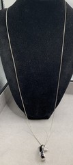 Vintage JH Sterling Silver Onyx Inlay & Cubic Zirconia Pendant Necklace 26″